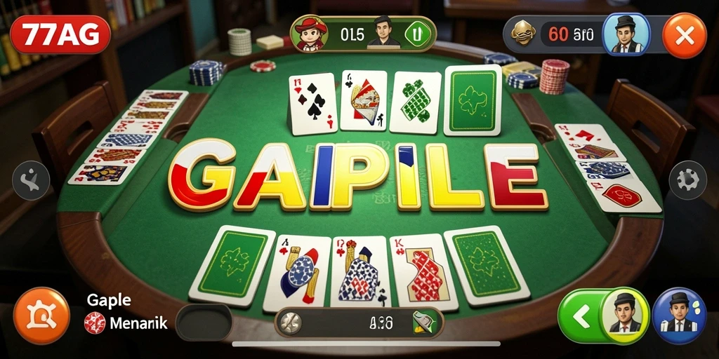 Screenshot gameplay 77AG menampilkan suasana permainan Gaple yang seru.