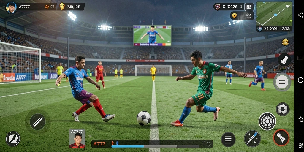 Tangkapan layar menunjukkan aksi seru dalam permainan sepak bola A7777.