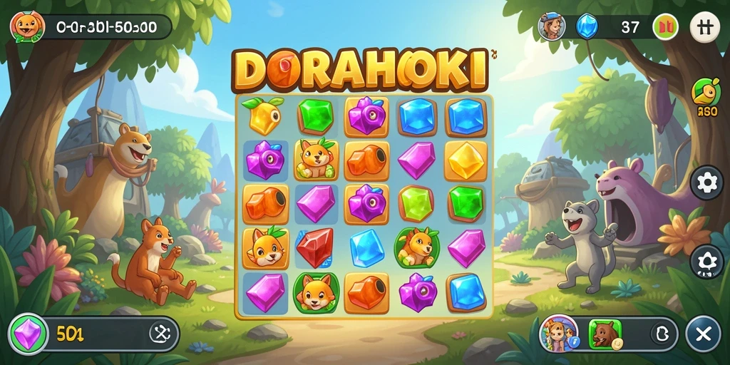 Tampilan gameplay DORAHOKI yang penuh warna dan seru.