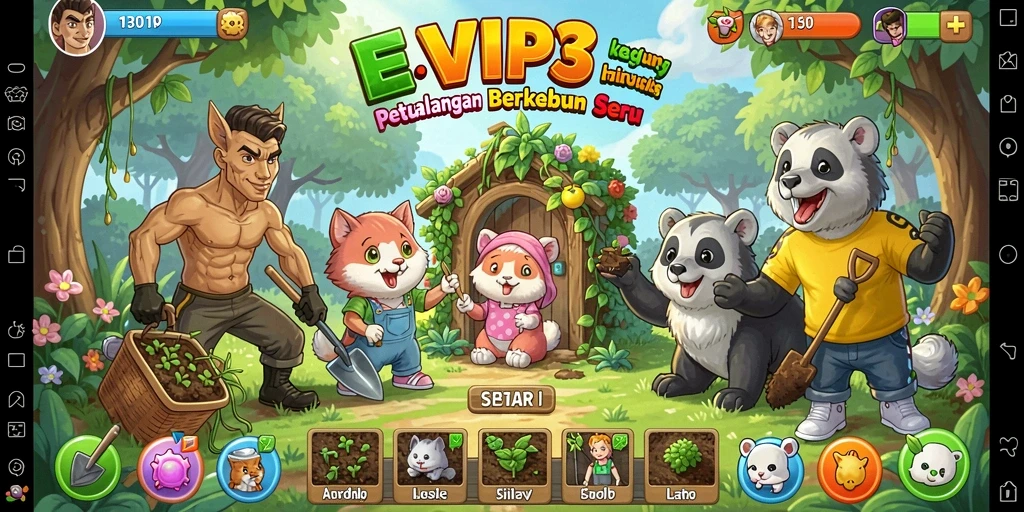 Screenshot gameplay EVIP3 menampilkan kebun yang rimbun dan penuh warna.