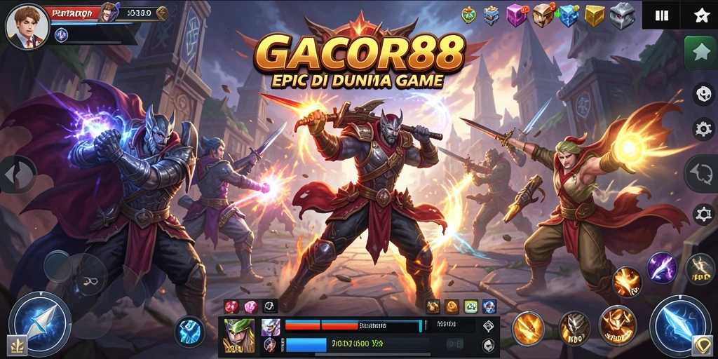 Tangkapan layar GACOR88 menampilkan pertarungan seru antara karakter di arena yang megah.
