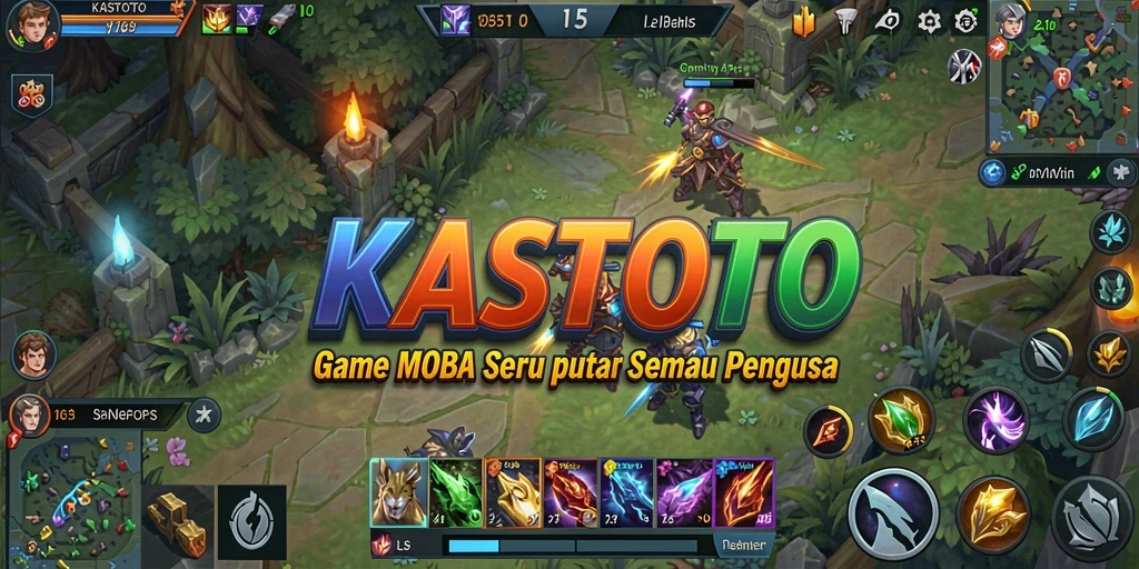 Screenshot utama KASTOTO menampilkan aksi seru dalam pertarungan MOBA.