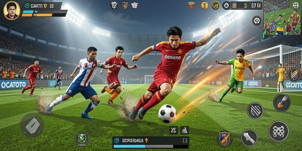 Screenshot gameplay OCATOTO menampilkan aksi menarik di lapangan sepak bola.
