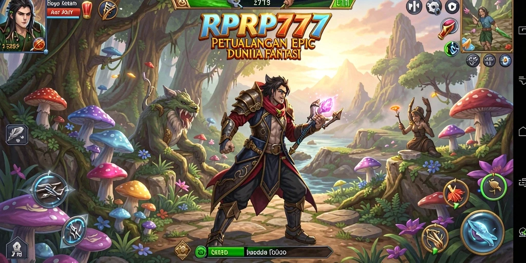 Screenshot gameplay RPRP777 menunjukkan pertempuran mendebarkan dan dunia yang indah.