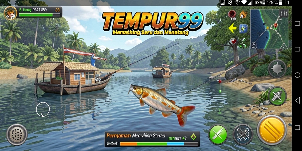 Gameplay TEMPUR99 yang seru saat memancing ikan di lautan.